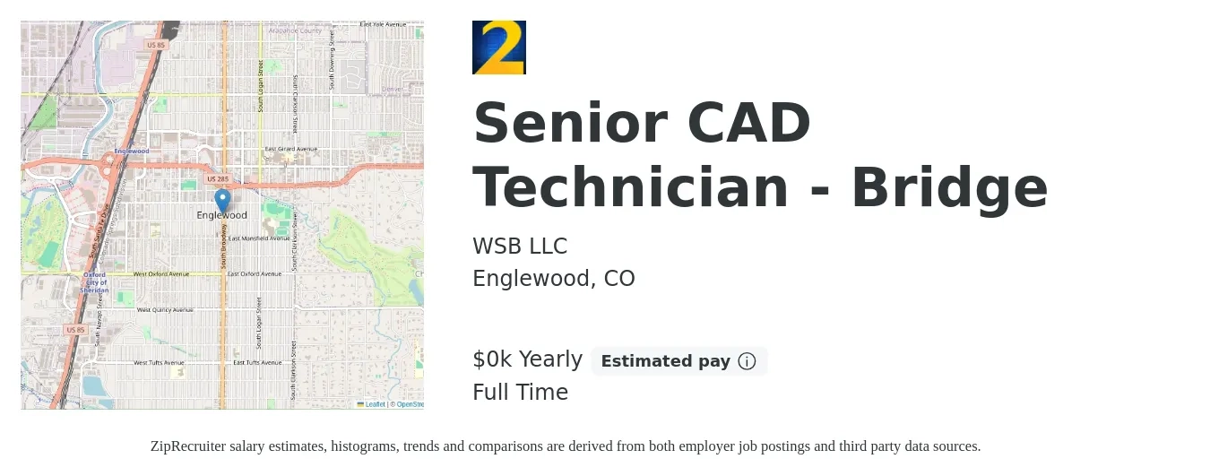 WSB LLC job posting for a Senior CAD Technician - Bridge in Englewood, CO with a salary of $40 to $60 Yearly with a map of Englewood location.