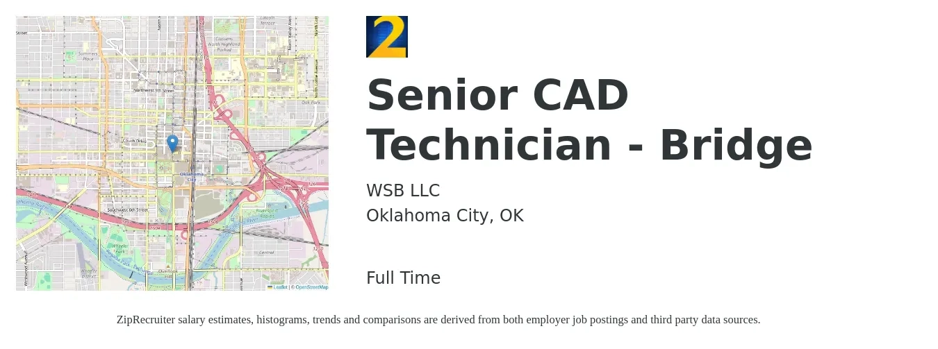 WSB LLC job posting for a Senior CAD Technician - Bridge in Oklahoma City, OK with a salary of $26 to $37 Hourly with a map of Oklahoma City location.