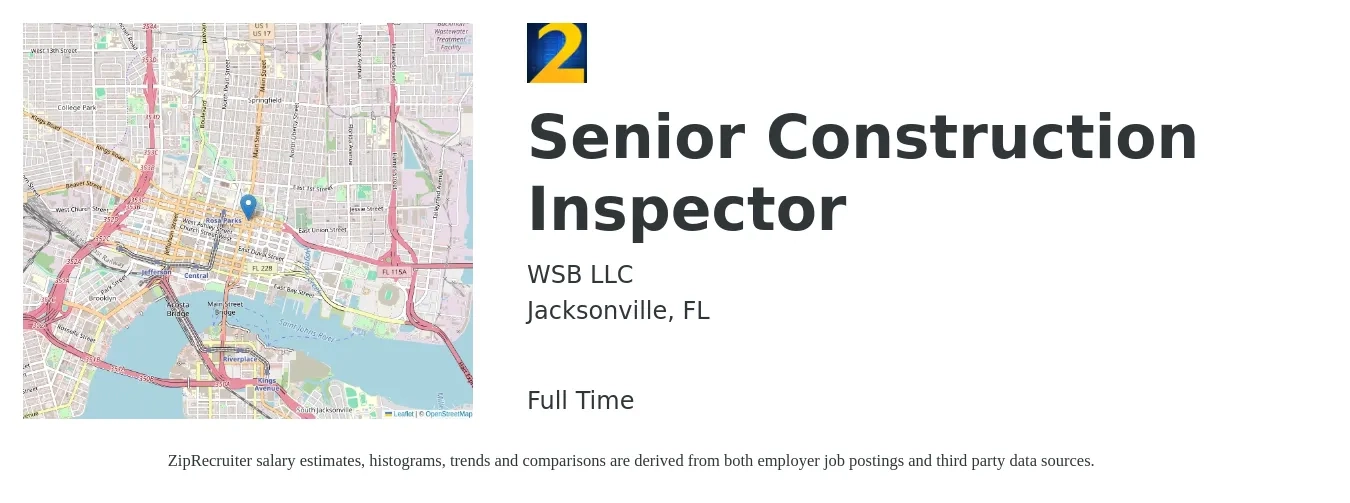 WSB LLC job posting for a Senior Construction Inspector in Jacksonville, FL with a salary of $26 to $39 Hourly with a map of Jacksonville location.