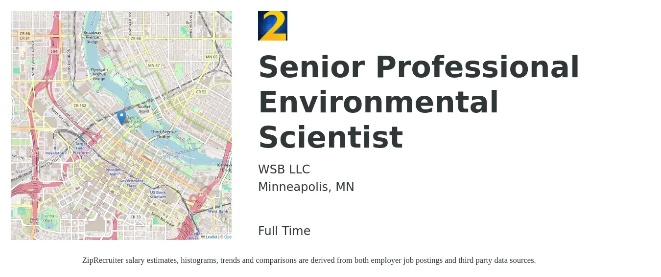 WSB LLC job posting for a Senior Professional Environmental Scientist in Minneapolis, MN with a salary of $87,200 to $116,900 Yearly with a map of Minneapolis location.