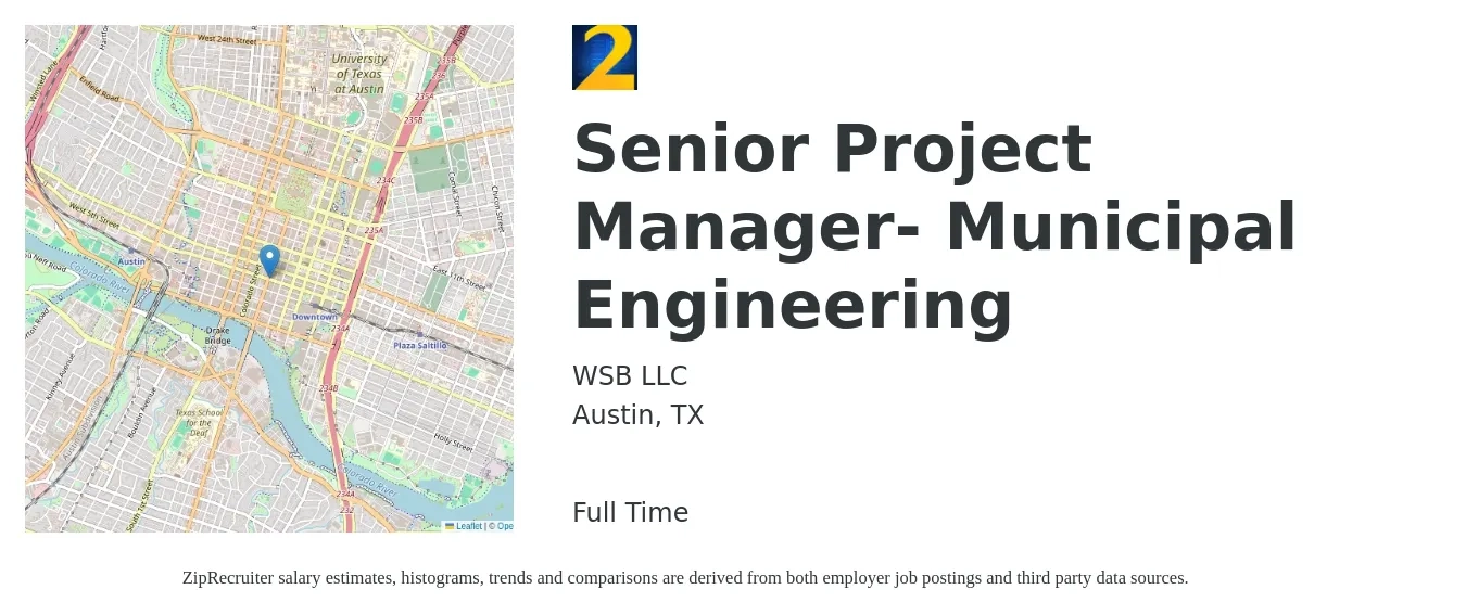 WSB LLC job posting for a Senior Project Manager- Municipal Engineering in Austin, TX with a salary of $102,600 to $144,700 Yearly with a map of Austin location.