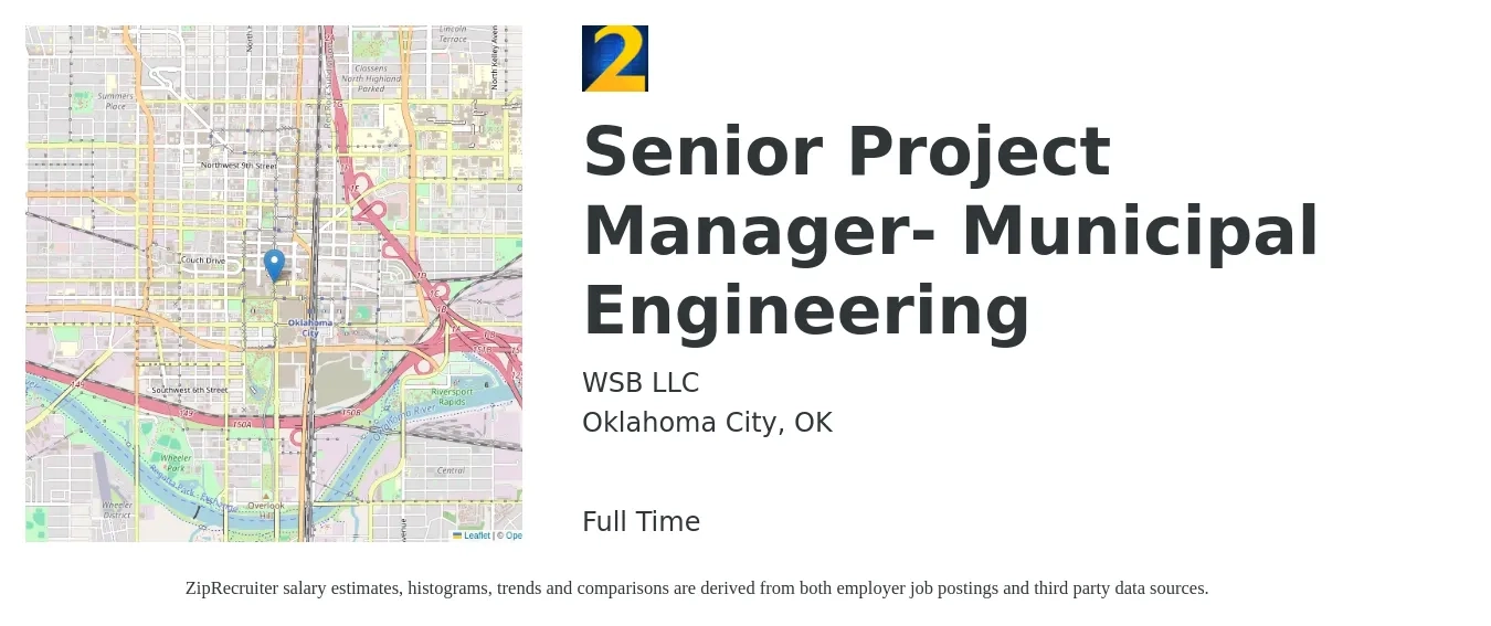WSB LLC job posting for a Senior Project Manager- Municipal Engineering in Oklahoma City, OK with a salary of $96,100 to $135,500 Yearly with a map of Oklahoma City location.