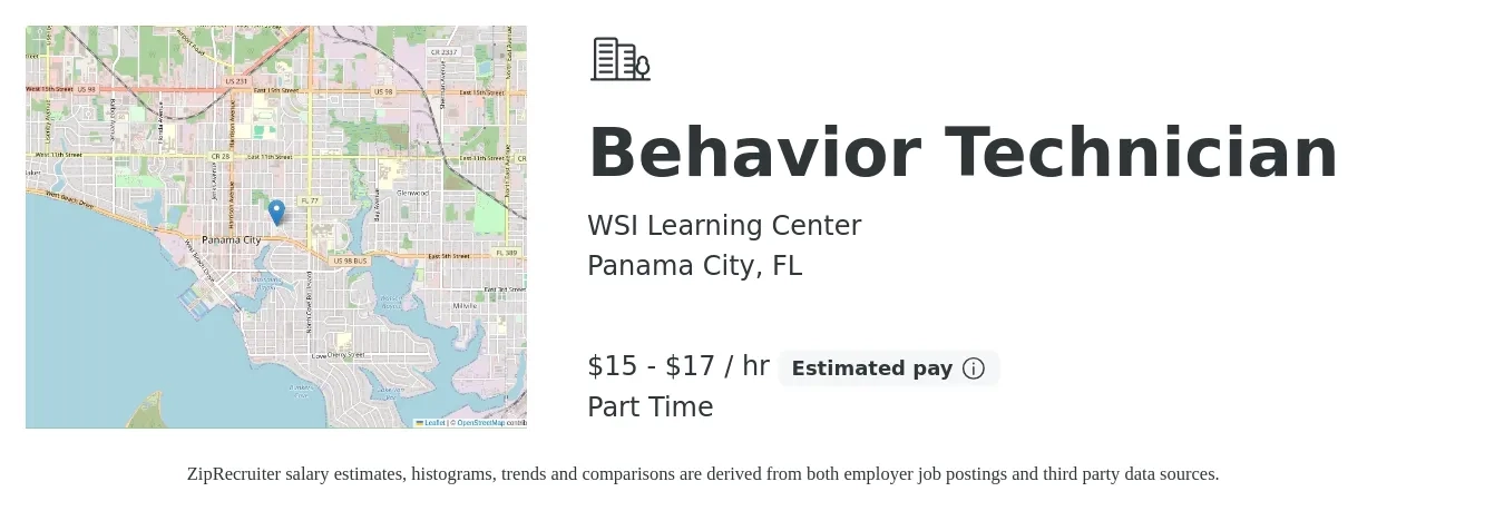 WSI Learning Center job posting for a Behavior Technician in Panama City, FL with a salary of $16 to $18 Hourly with a map of Panama City location.