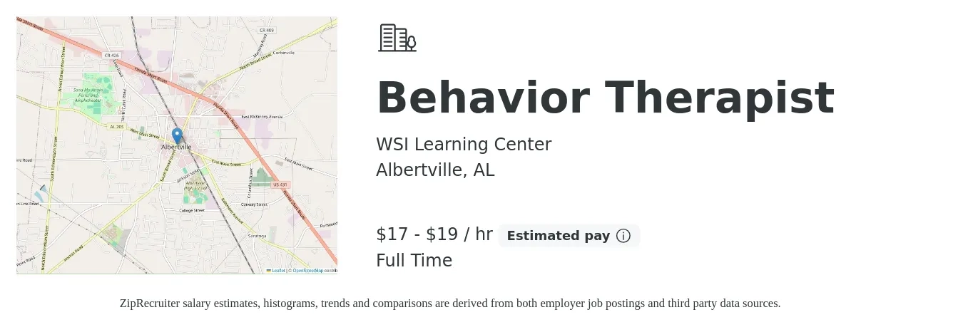 WSI Learning Center job posting for a Behavior Therapist in Albertville, AL with a salary of $18 to $20 Hourly with a map of Albertville location.