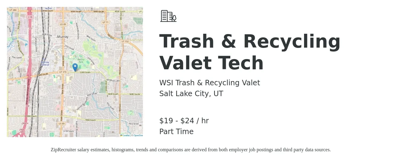 WSI Trash & Recycling Valet job posting for a Trash & Recycling Valet Tech in Salt Lake City, UT with a salary of $20 to $25 Hourly with a map of Salt Lake City location.
