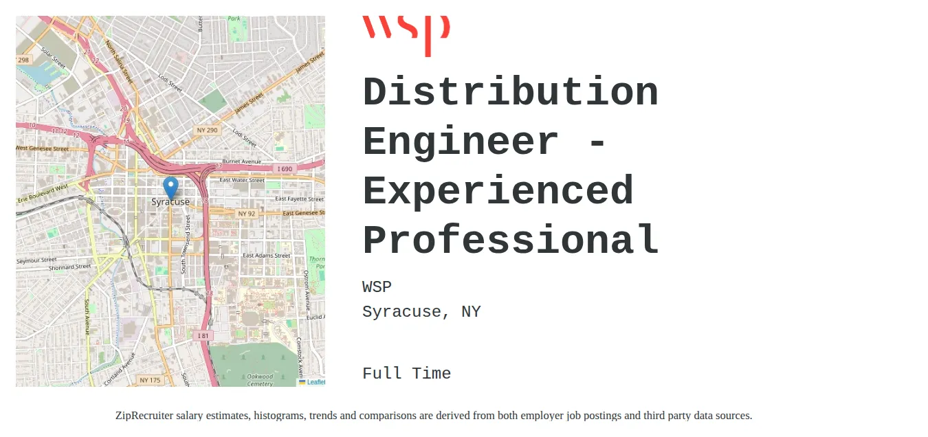 WSP job posting for a Distribution Engineer - Experienced Professional in Syracuse, NY with a salary of $81,700 to $109,000 Annually with a map of Syracuse location.