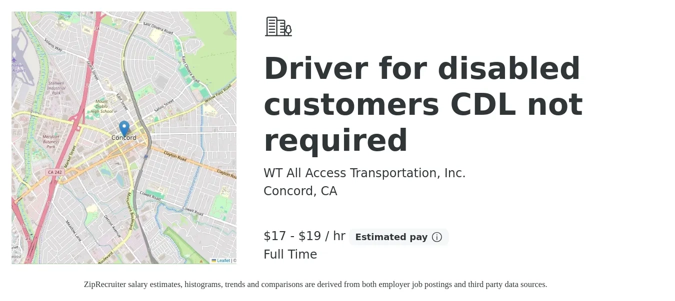 WT All Access Transportation, Inc. job posting for a Driver for disabled customers CDL not required in Concord, CA with a salary of $18 to $20 Hourly with a map of Concord location.