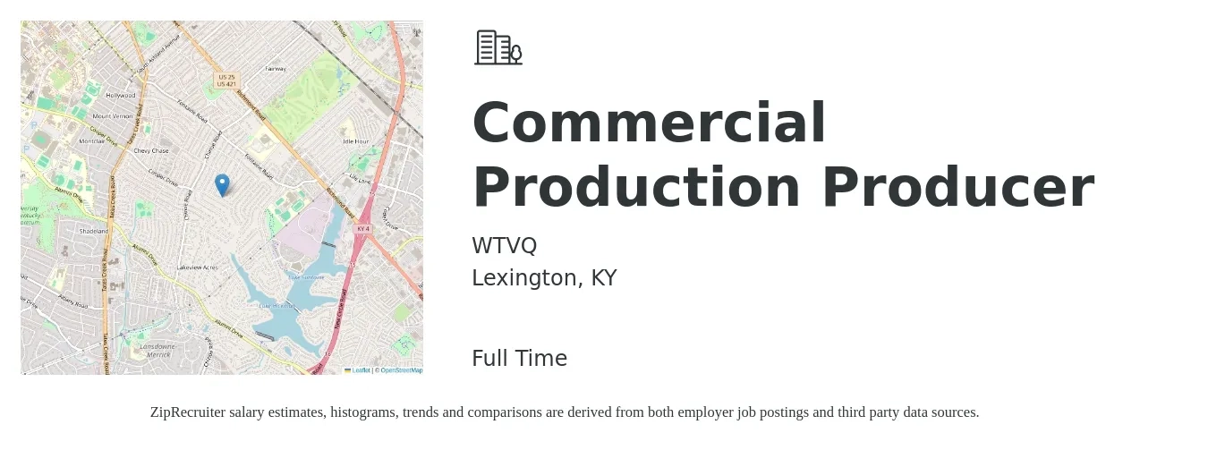 WTVQ job posting for a Commercial Production Producer in Lexington, KY with a salary of $105,100 to $106,800 Yearly with a map of Lexington location.