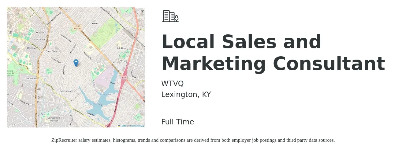 WTVQ job posting for a Local Sales and Marketing Consultant in Lexington, KY with a salary of $36,900 to $64,000 Yearly with a map of Lexington location.
