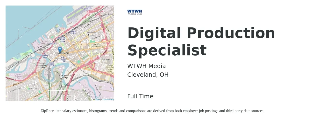 WTWH Media job posting for a Digital Production Specialist in Cleveland, OH with a salary of $48,400 to $112,800 Yearly with a map of Cleveland location.