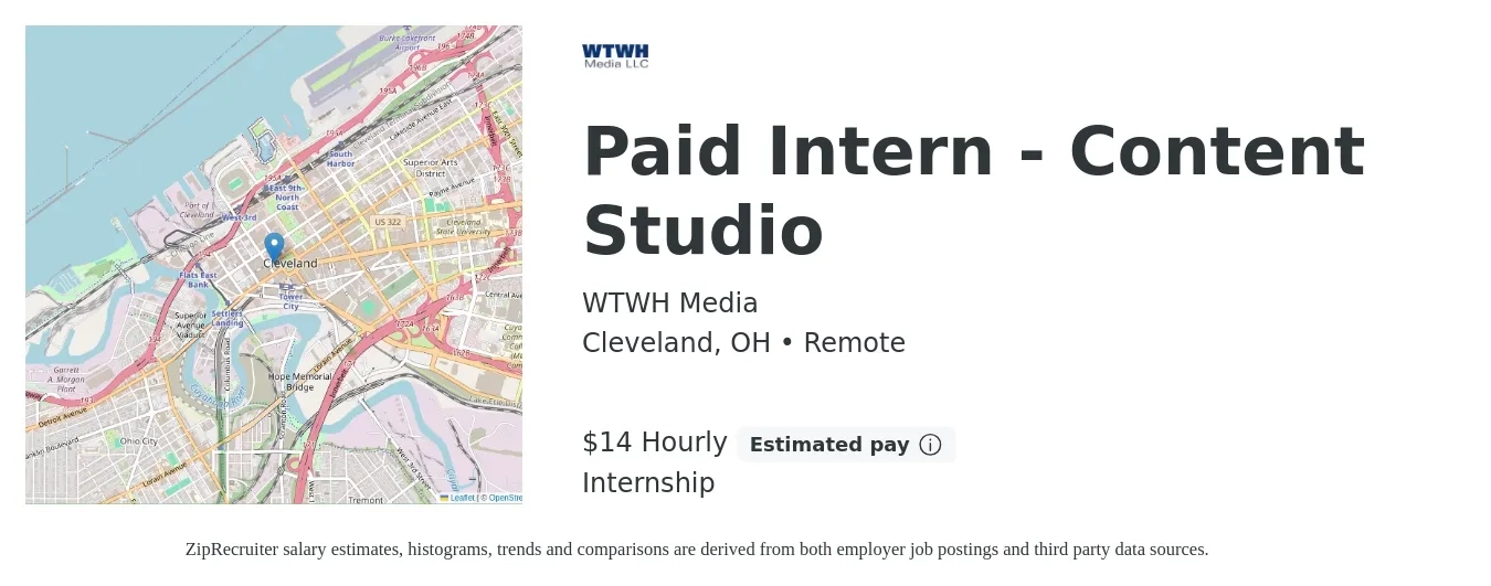 WTWH Media job posting for a Paid Intern - Content Studio in Cleveland, OH with a salary of $15 Hourly with a map of Cleveland location.