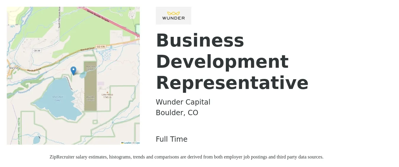 Wunder Capital job posting for a Business Development Representative in Boulder, CO with a salary of $46,700 to $72,600 Yearly with a map of Boulder location.