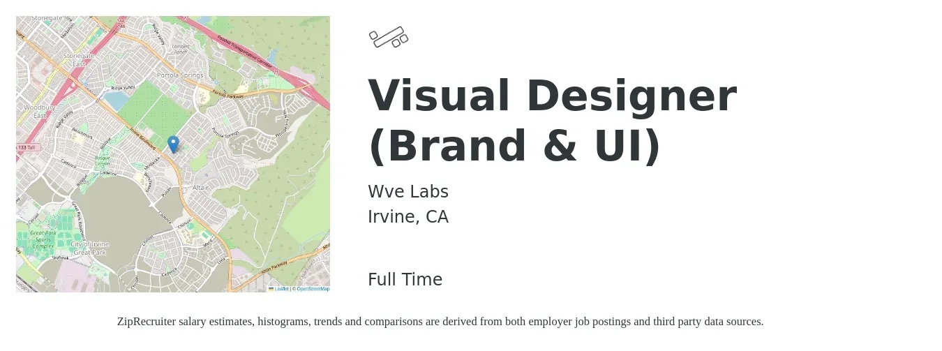 Wve Labs job posting for a Visual Designer (Brand & UI) in Irvine, CA with a salary of $85,000 to $125,000 Yearly and benefits including medical, and pto with a map of Irvine location.