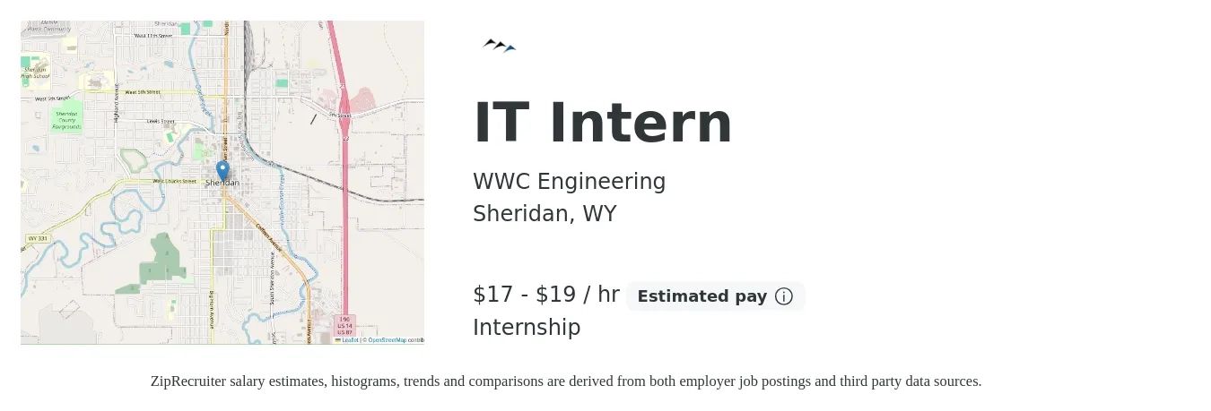 WWC Engineering job posting for a IT Intern in Sheridan, WY with a salary of $17 to $19 Hourly with a map of Sheridan location.