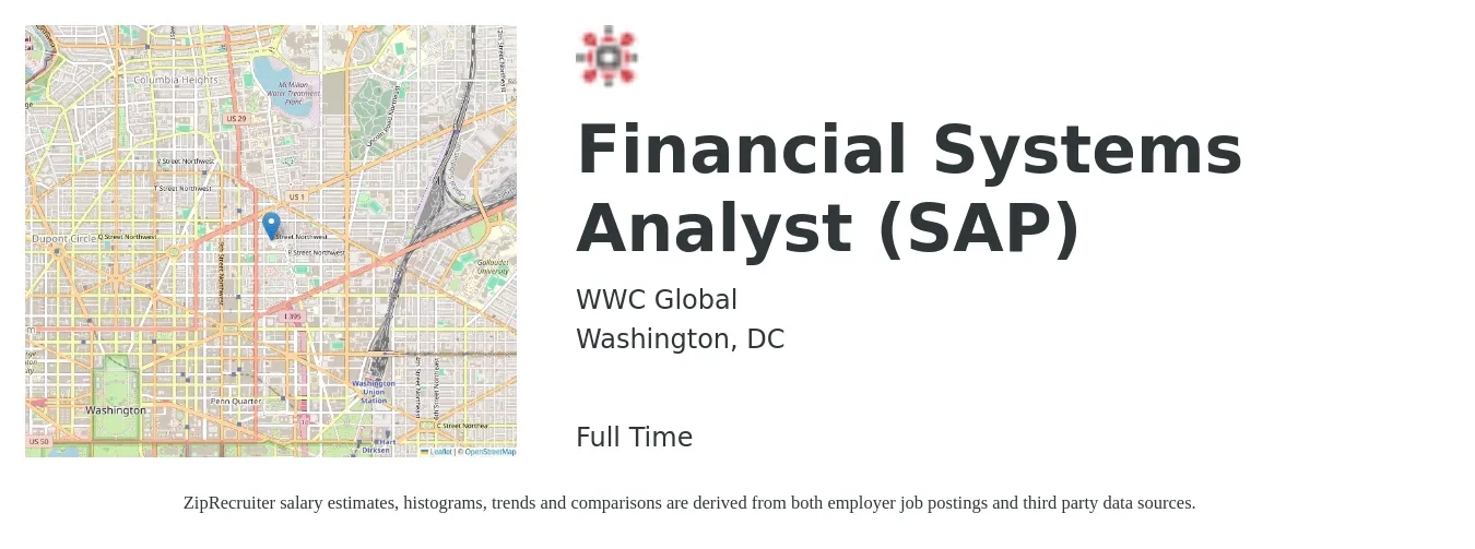 WWC Global job posting for a Financial Systems Analyst (SAP) in Washington, DC with a salary of $97,400 to $131,900 Yearly with a map of Washington location.