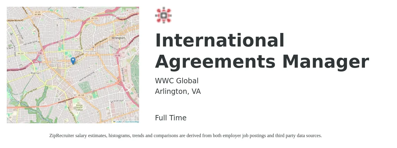WWC Global job posting for a International Agreements Manager in Arlington, VA with a salary of $21 to $39 Hourly with a map of Arlington location.