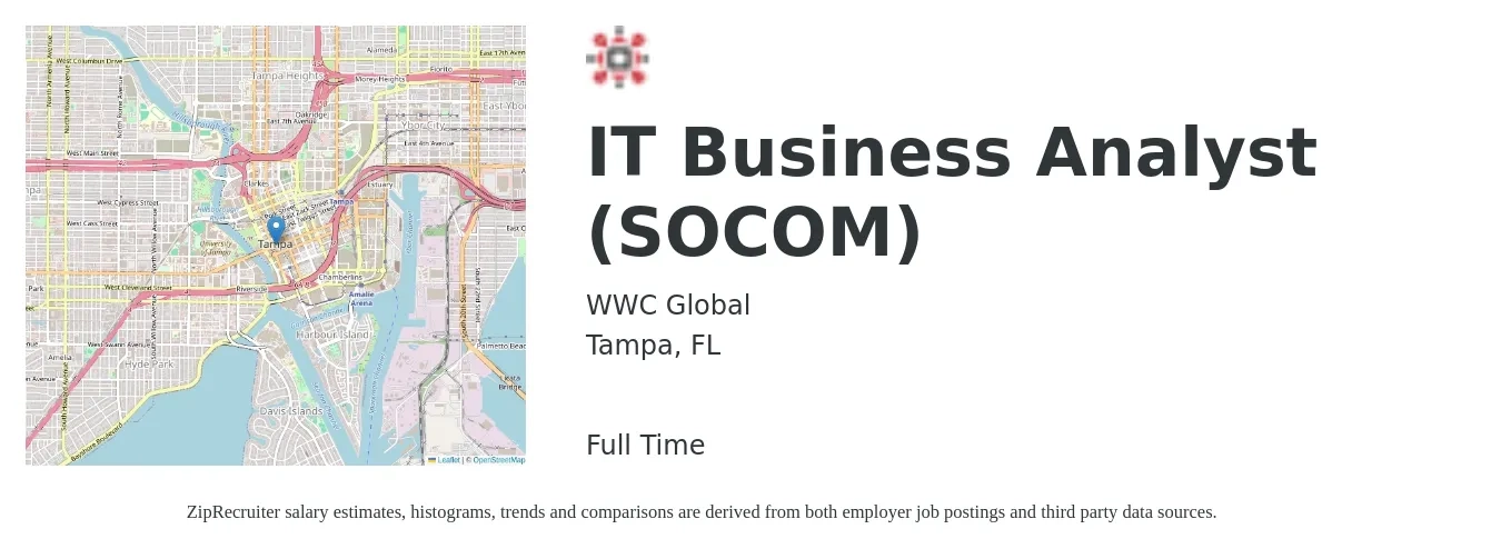 WWC Global job posting for a IT Business Analyst (SOCOM) in Tampa, FL with a salary of $36 to $51 Hourly with a map of Tampa location.