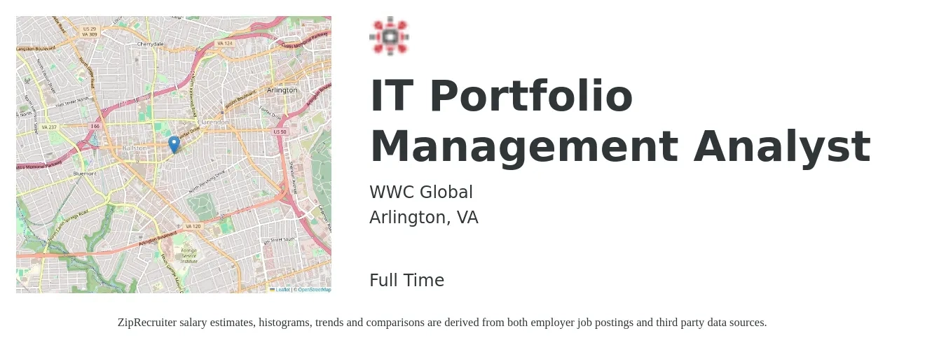 WWC Global job posting for a IT Portfolio Management Analyst in Arlington, VA with a salary of $35 to $55 Hourly with a map of Arlington location.