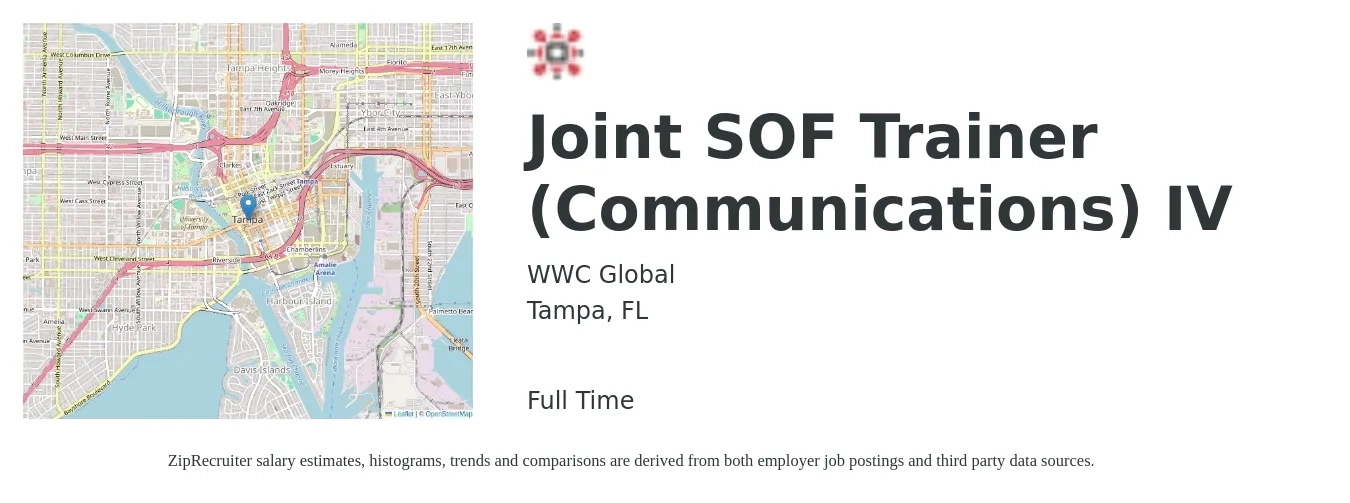 WWC Global job posting for a Joint SOF Trainer (Communications) IV in Tampa, FL with a salary of $49,900 to $71,900 Yearly with a map of Tampa location.