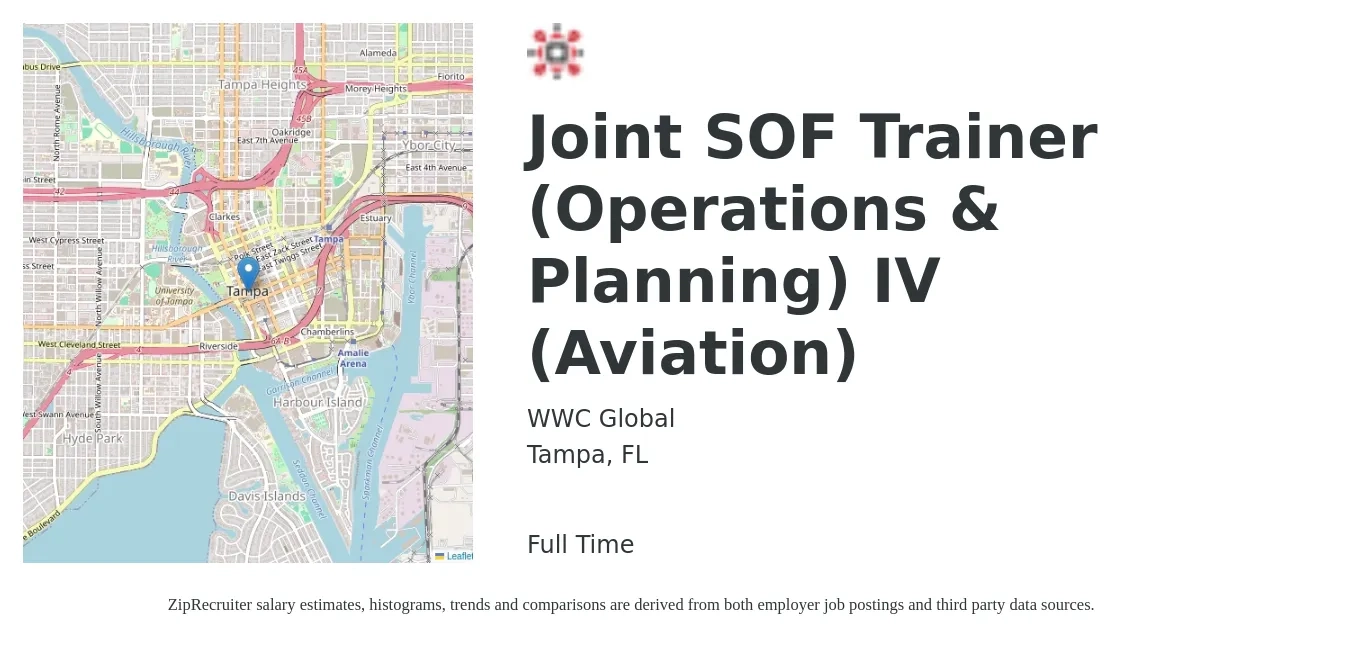 WWC Global job posting for a Joint SOF Trainer (Operations & Planning) IV (Aviation) in Tampa, FL with a salary of $52,000 to $92,100 Yearly with a map of Tampa location.