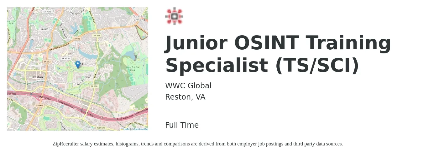 WWC Global job posting for a Junior OSINT Training Specialist (TS/SCI) in Reston, VA with a salary of $57,200 to $82,700 Yearly with a map of Reston location.