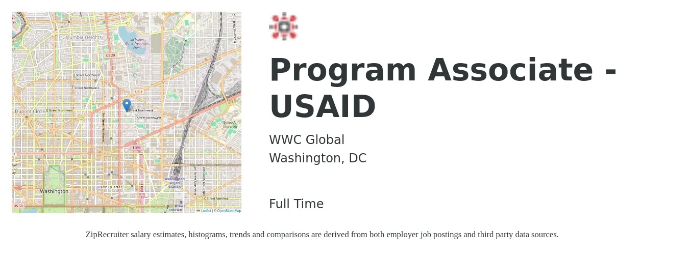 WWC Global job posting for a Program Associate - USAID in Washington, DC with a salary of $45,300 to $67,400 Yearly with a map of Washington location.
