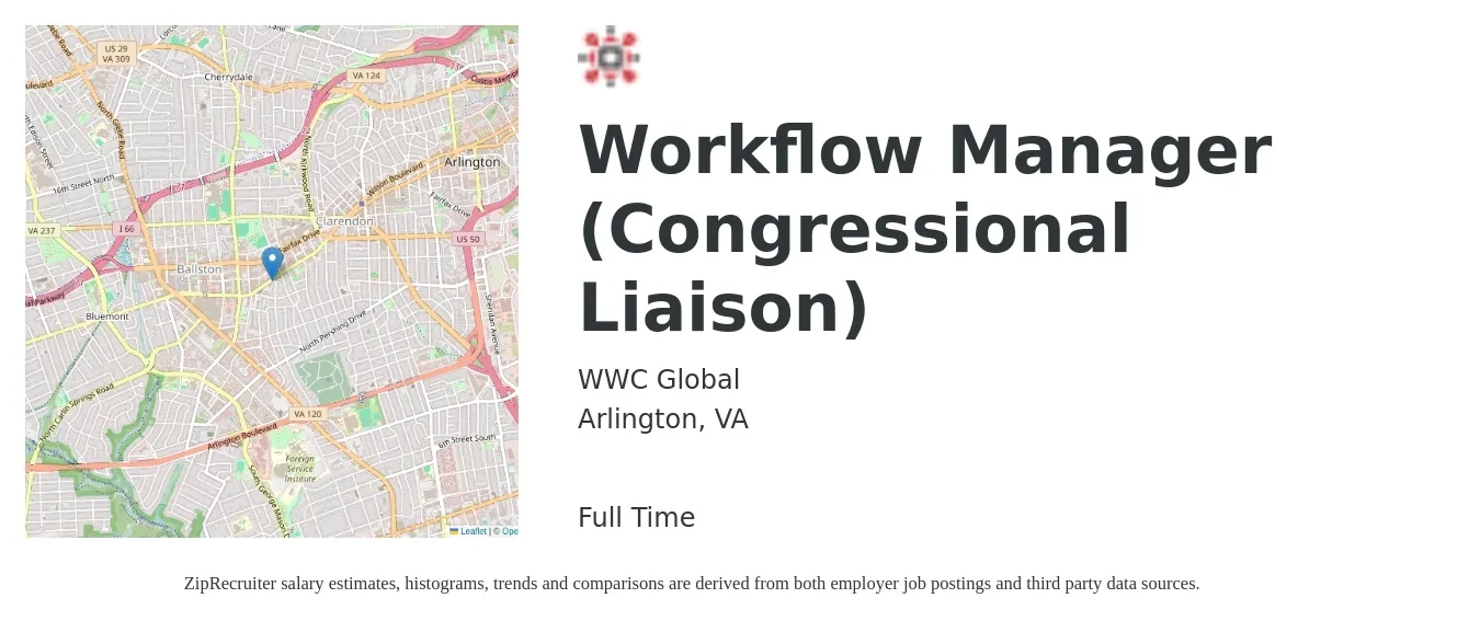 WWC Global job posting for a Workflow Manager (Congressional Liaison) in Arlington, VA with a salary of $22 to $38 Hourly with a map of Arlington location.