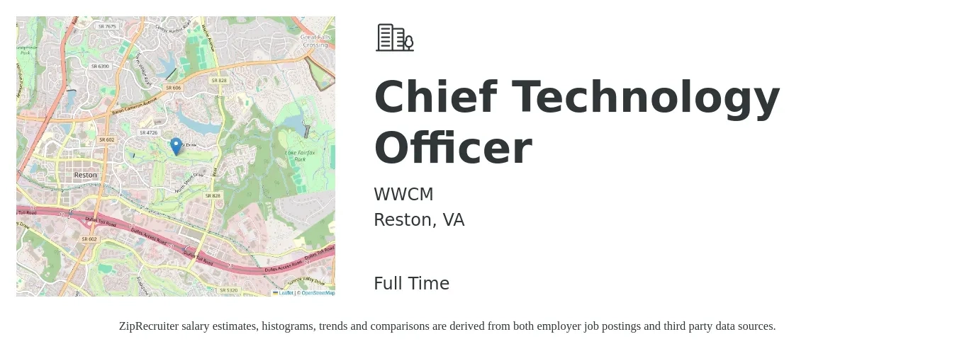 WWCM job posting for a Chief Technology Officer in Reston, VA with a salary of $137,600 to $203,200 Yearly with a map of Reston location.