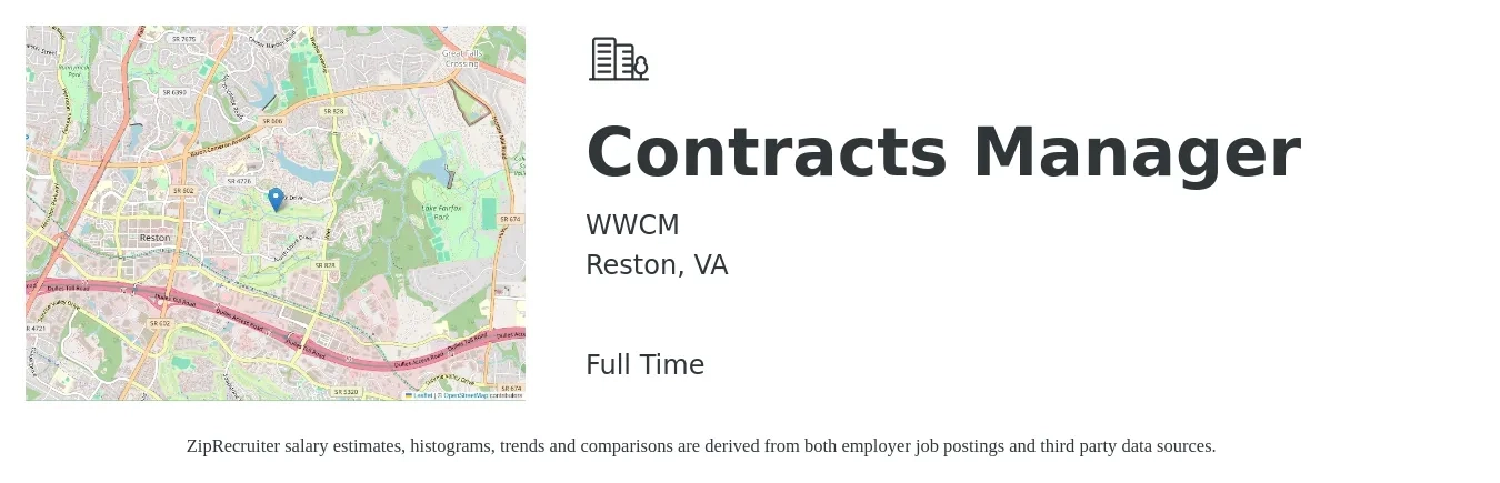 WWCM job posting for a Contracts Manager in Reston, VA with a salary of $92,800 to $124,000 Yearly with a map of Reston location.