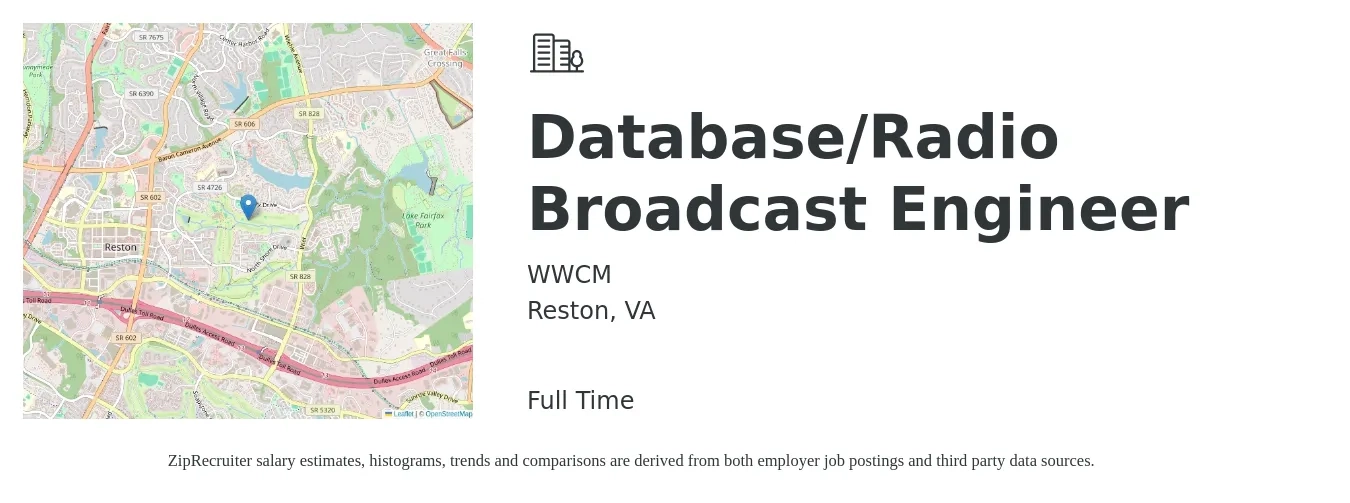 WWCM job posting for a Database/Radio Broadcast Engineer in Reston, VA with a salary of $67,200 to $117,300 Yearly with a map of Reston location.