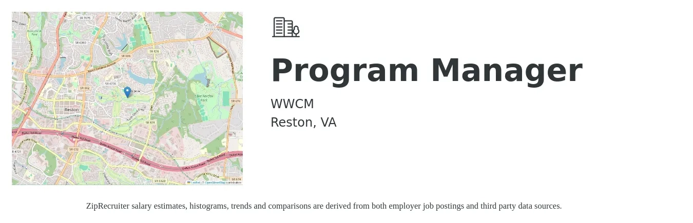 WWCM job posting for a Program Manager in Reston, VA with a salary of $82,900 to $138,100 Yearly with a map of Reston location.