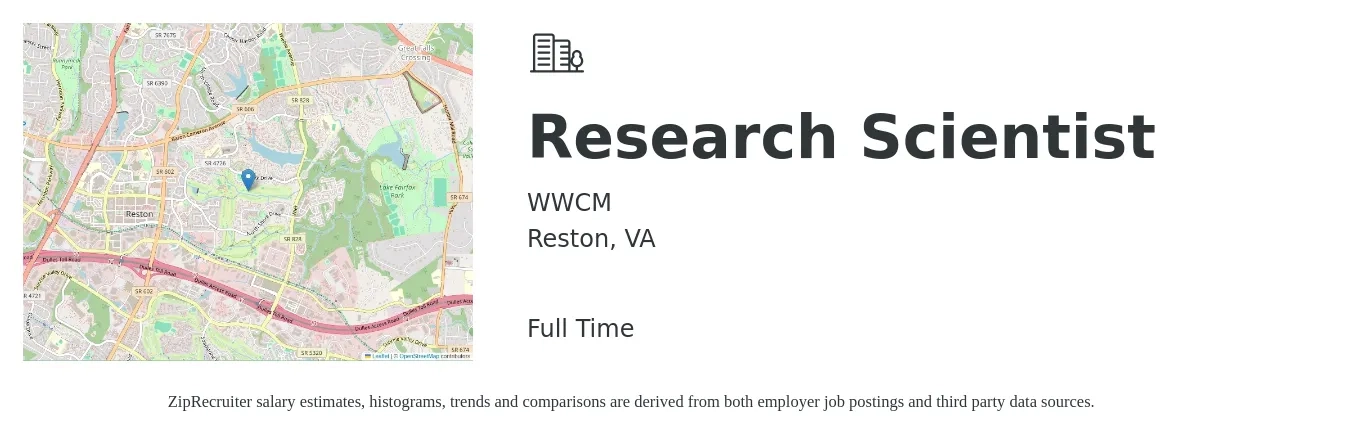WWCM job posting for a Research Scientist in Reston, VA with a salary of $112,000 to $180,300 Yearly with a map of Reston location.