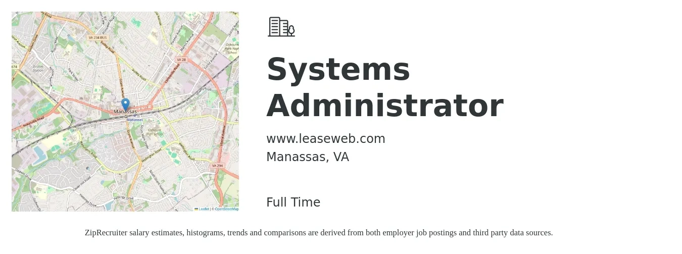 www.leaseweb.com job posting for a Systems Administrator in Manassas, VA with a salary of $70,000 to $104,000 Yearly with a map of Manassas location.