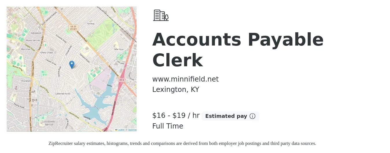www.minnifield.net job posting for a Accounts Payable Clerk in Lexington, KY with a salary of $17 to $20 Hourly and benefits including pto with a map of Lexington location.