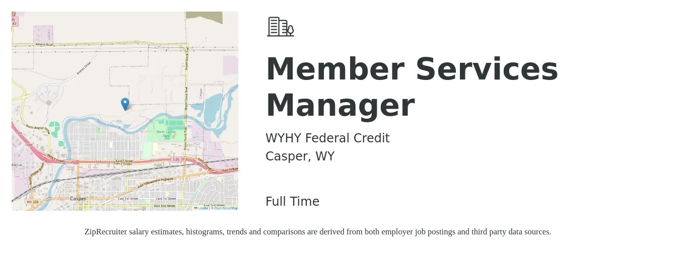 WYHY Federal Credit job posting for a Member Services Manager in Casper, WY with a salary of $45,100 to $66,400 Yearly with a map of Casper location.