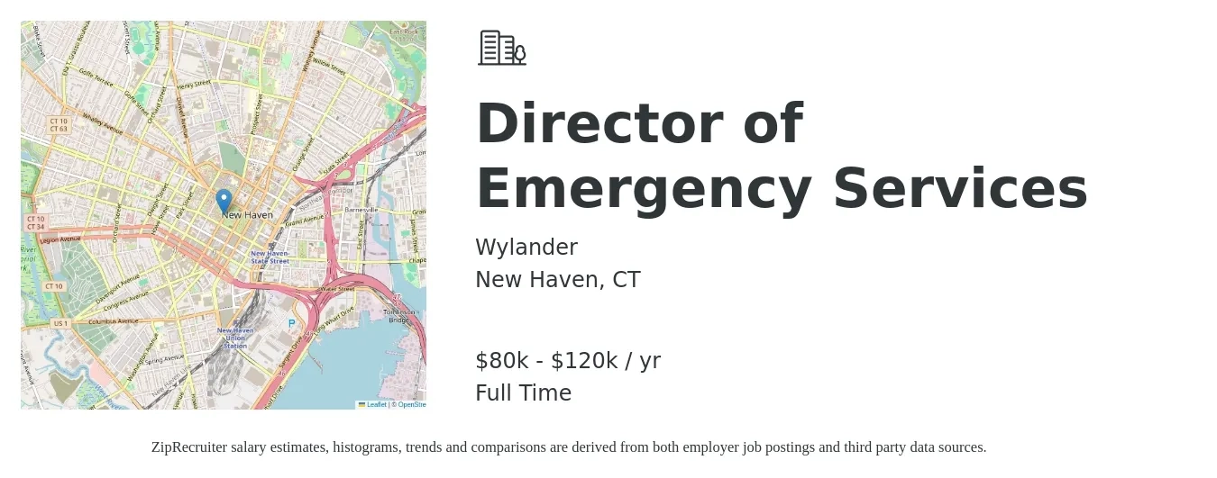 Wylander job posting for a Director of Emergency Services in New Haven, CT with a salary of $80,000 to $120,000 Yearly with a map of New Haven location.