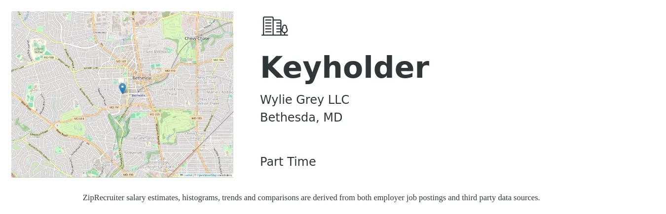 Wylie Grey LLC job posting for a Keyholder in Bethesda, MD with a salary of $15 to $19 Hourly with a map of Bethesda location.