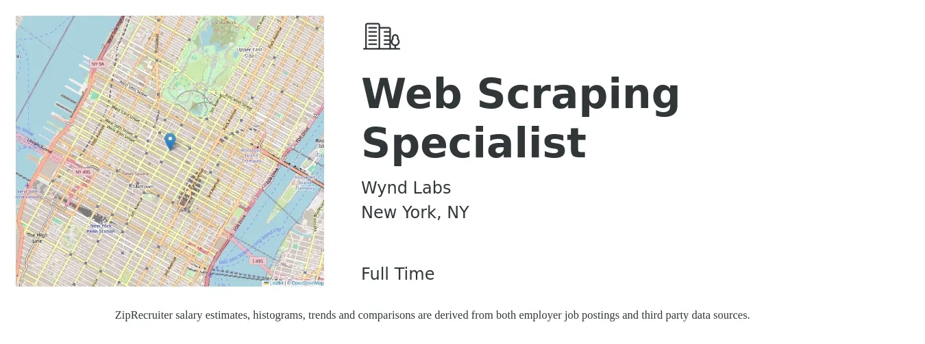 Wynd Labs job posting for a Web Scraping Specialist in New York, NY with a salary of $102,800 to $103,400 Yearly with a map of New York location.