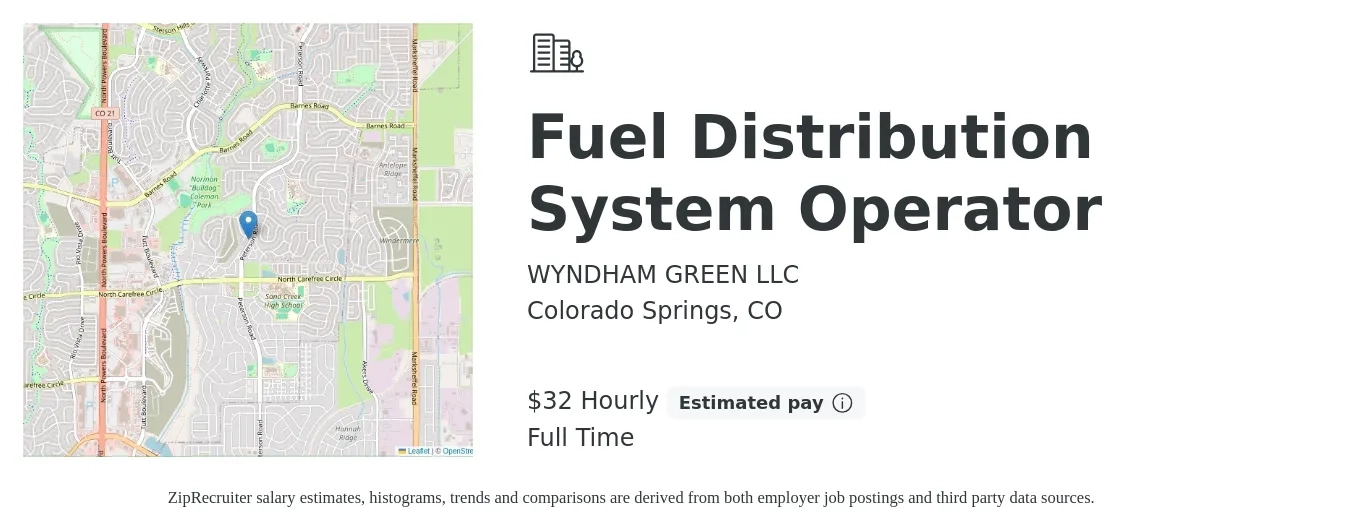 WYNDHAM GREEN LLC job posting for a Fuel Distribution System Operator in Colorado Springs, CO with a salary of $34 Hourly with a map of Colorado Springs location.