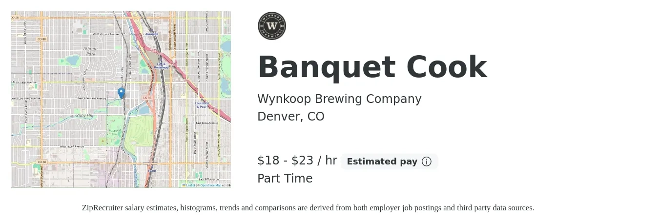 Wynkoop Brewing Company job posting for a Banquet Cook in Denver, CO with a salary of $19 to $24 Hourly with a map of Denver location.
