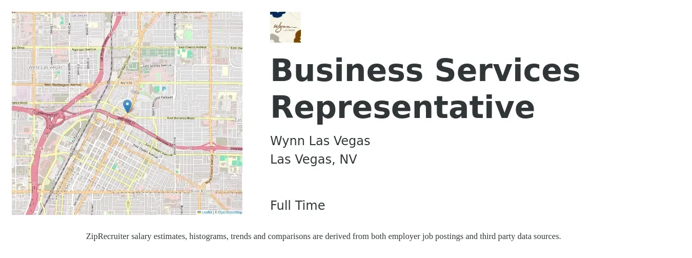 Wynn Las Vegas job posting for a Business Services Representative in Las Vegas, NV with a salary of $18 to $25 Hourly with a map of Las Vegas location.