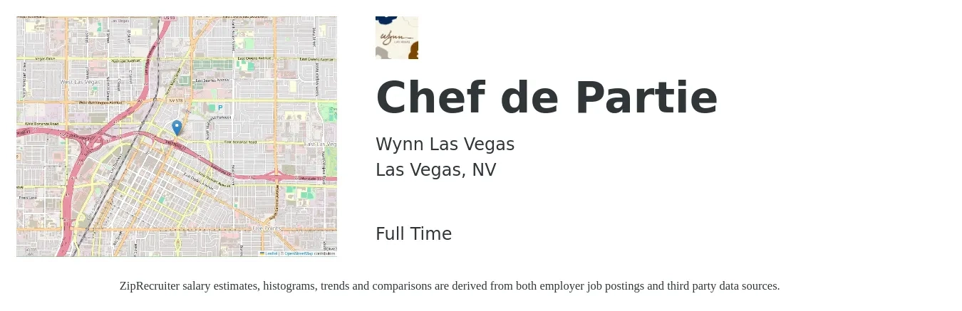 Wynn Las Vegas job posting for a Chef de Partie in Las Vegas, NV with a salary of $18 to $23 Hourly with a map of Las Vegas location.