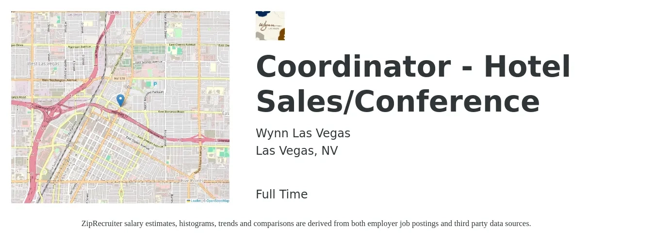 Wynn Las Vegas job posting for a Coordinator - Hotel Sales/Conference in Las Vegas, NV with a salary of $18 to $24 Hourly with a map of Las Vegas location.