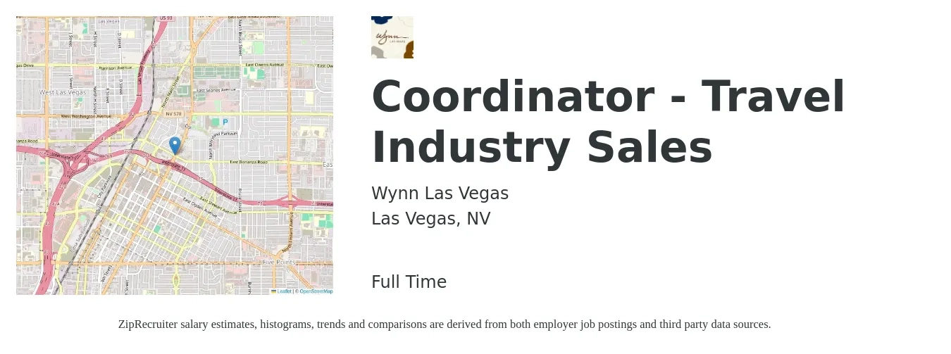 Wynn Las Vegas job posting for a Coordinator - Travel Industry Sales in Las Vegas, NV with a salary of $18 to $24 Hourly with a map of Las Vegas location.