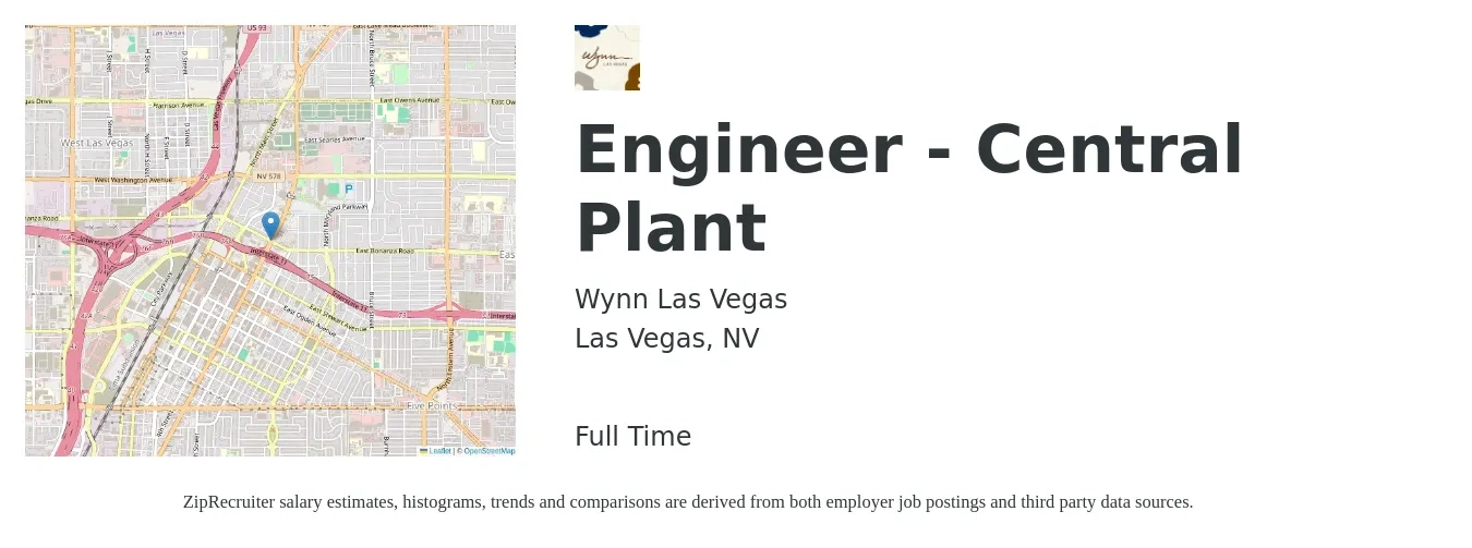 Wynn Las Vegas job posting for a Engineer - Central Plant in Las Vegas, NV with a salary of $75,000 to $114,600 Yearly with a map of Las Vegas location.