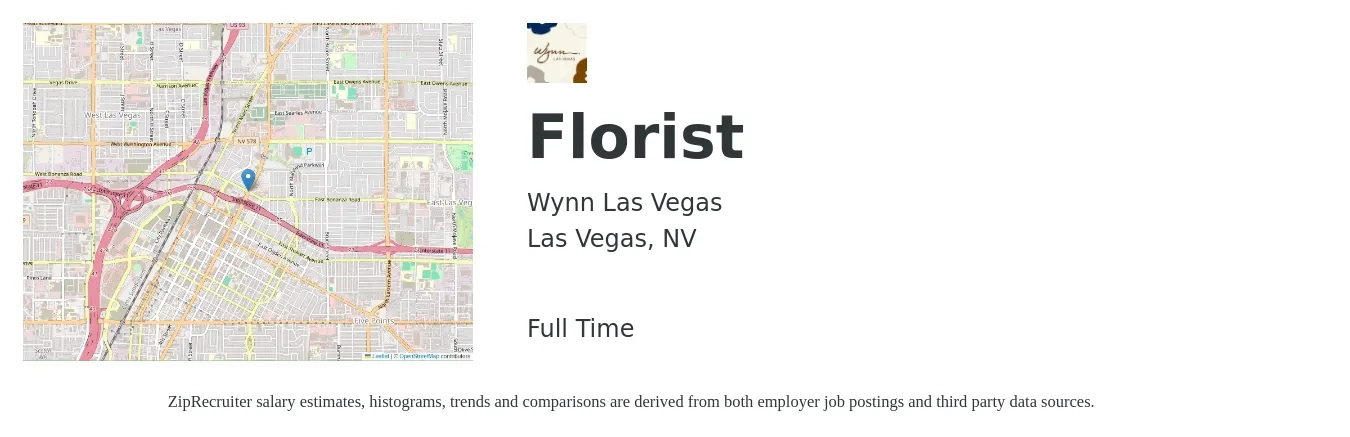 Wynn Las Vegas job posting for a Florist in Las Vegas, NV with a salary of $14 to $17 Hourly with a map of Las Vegas location.