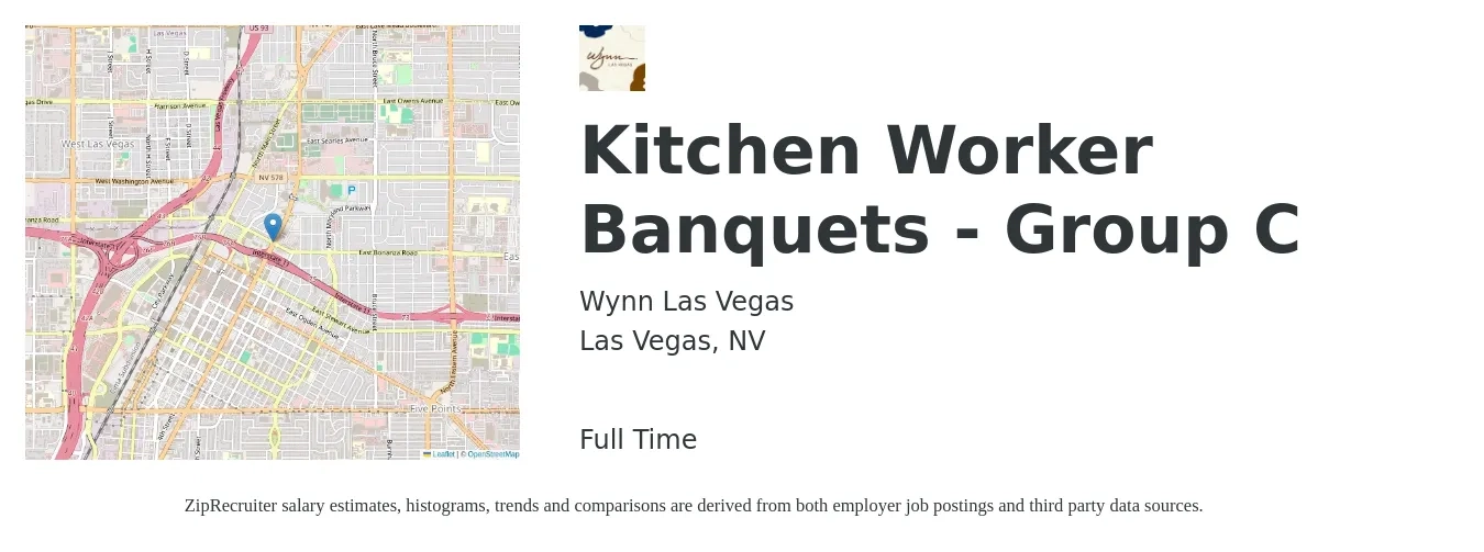 Wynn Las Vegas job posting for a Kitchen Worker Banquets - Group C in Las Vegas, NV with a salary of $11 to $16 Hourly with a map of Las Vegas location.