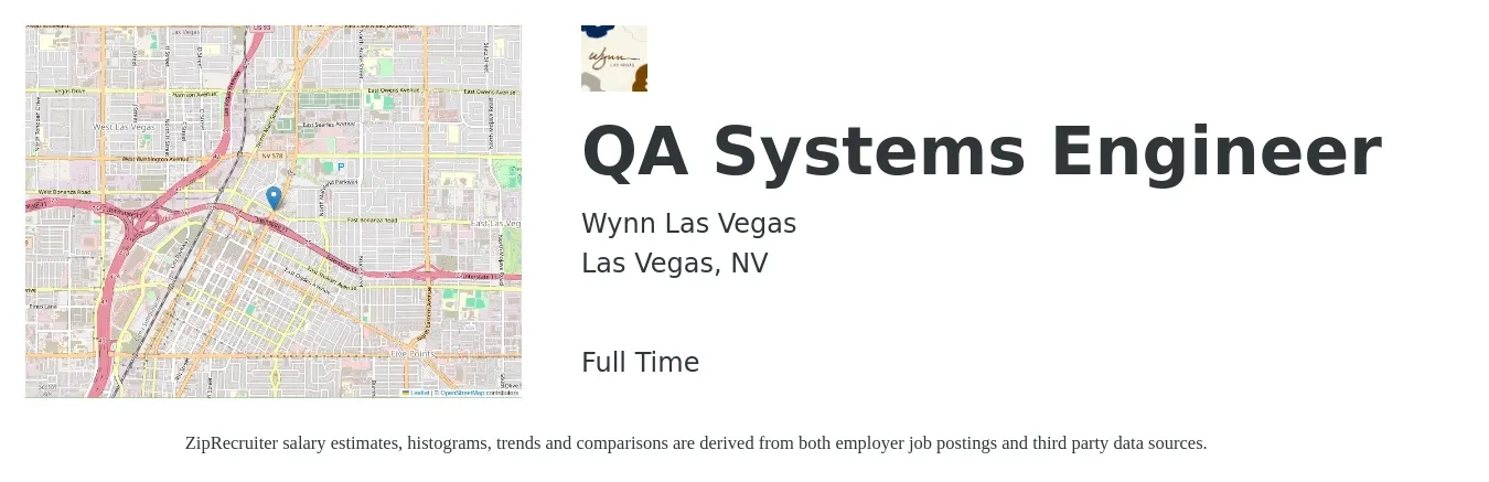 Wynn Las Vegas job posting for a QA Systems Engineer in Las Vegas, NV with a salary of $38 to $54 Hourly with a map of Las Vegas location.