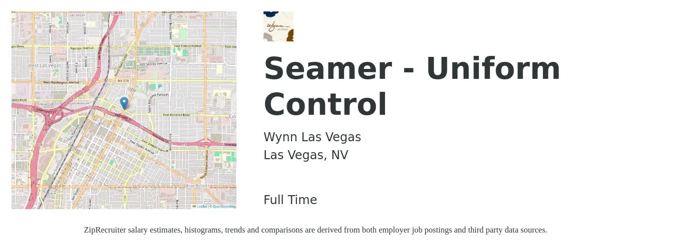 Wynn Las Vegas job posting for a Seamer - Uniform Control in Las Vegas, NV with a salary of $17 to $25 Hourly with a map of Las Vegas location.