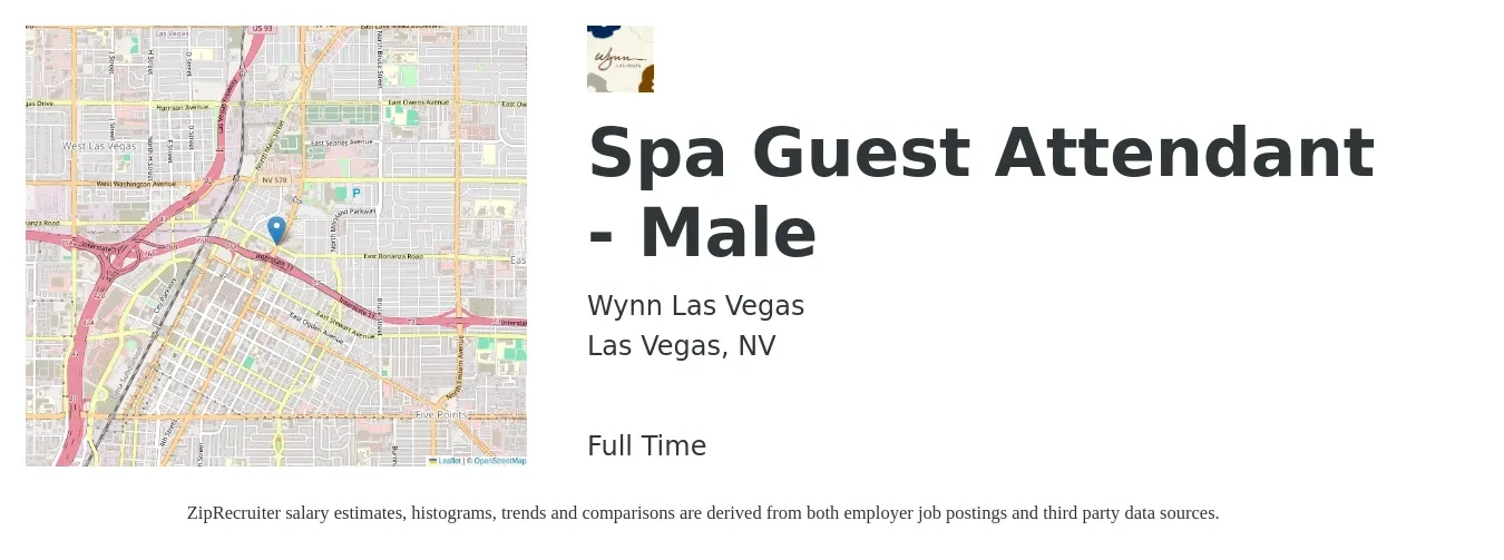 Wynn Las Vegas job posting for a Spa Guest Attendant - Male in Las Vegas, NV with a salary of $12 to $18 Hourly with a map of Las Vegas location.